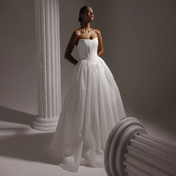 Strapless Top Satin Tull Skirt Wedding Dresses A Line Satin Bridal Gowns Sleeveless Evening Dress For Wedding Custom Made