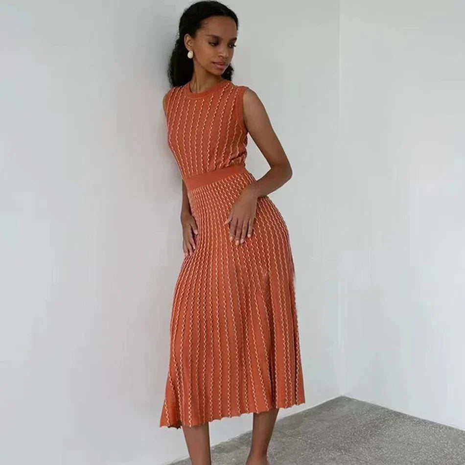 2024 Listing Elegant Striped Knit Dress Women O-neck Sleeveless A-line Dresses Club Evening Party Midi Vestido