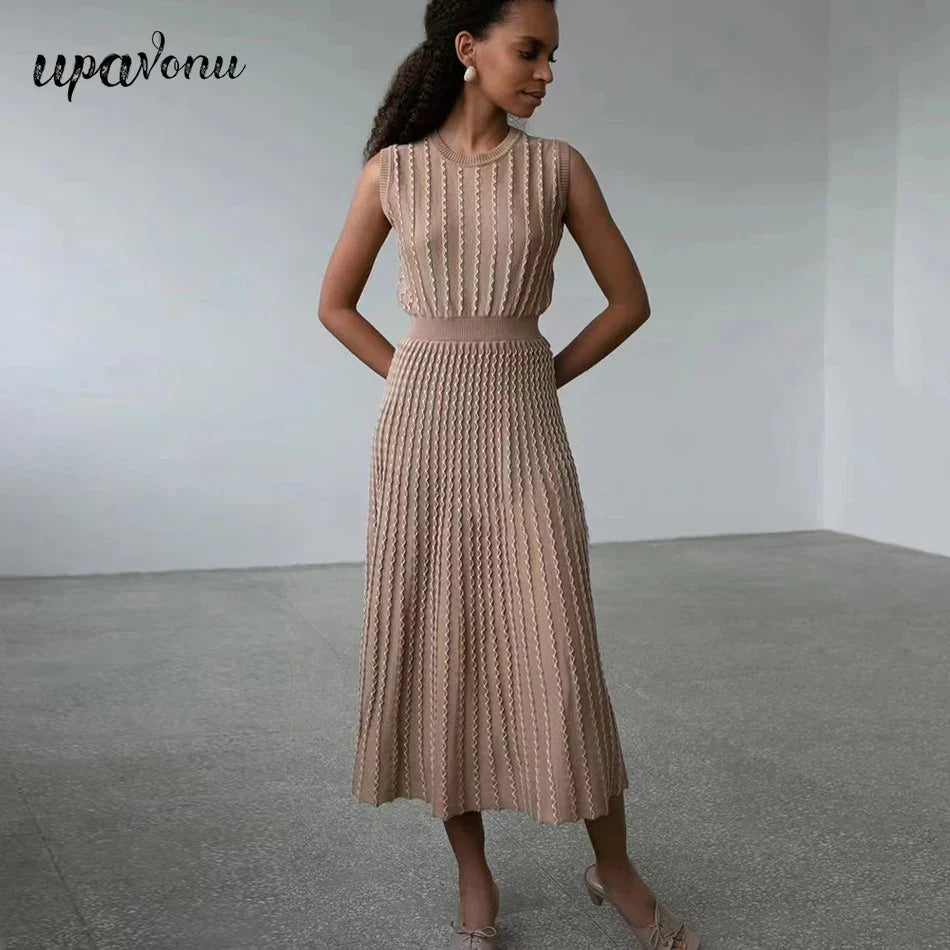 2024 Listing Elegant Striped Knit Dress Women O-neck Sleeveless A-line Dresses Club Evening Party Midi Vestido