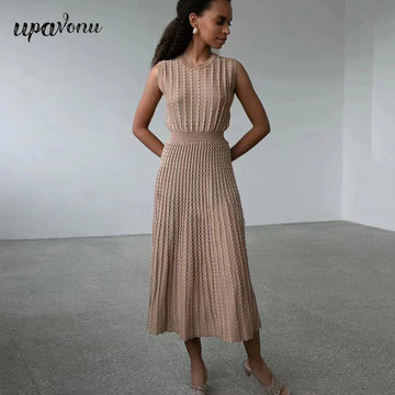 2024 Listing Elegant Striped Knit Dress Women O-neck Sleeveless A-line Dresses Club Evening Party Midi Vestido