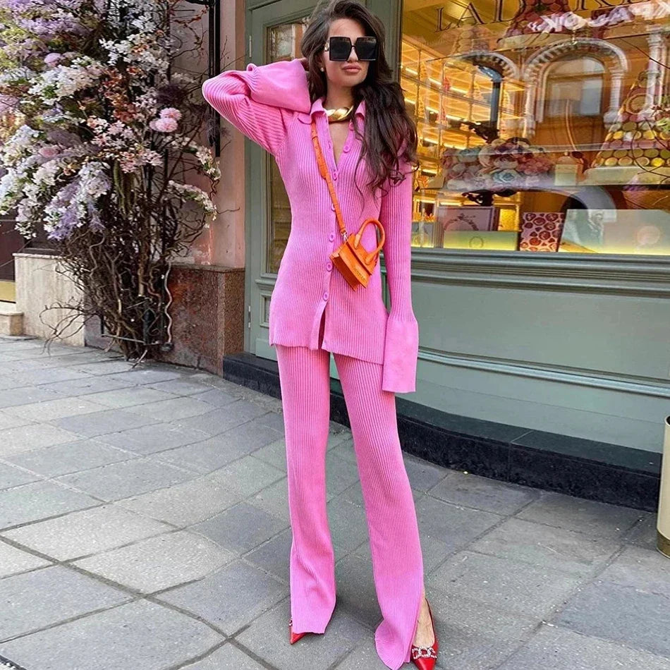 2024 Fashion Slim Knit Pants Set Lapel Flare Long Sleeve Single Breasted Cardigan Sweater & Trousers Two-Piece Set