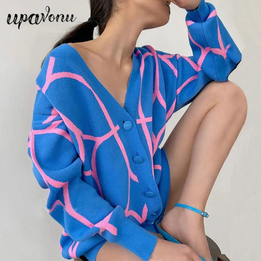 Women's Casual Oversized Cardigan Knitted 2023 Fall V-neck Lantern Long Sleeve Single-breasted Printed Knit