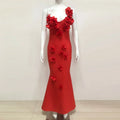 Red Color Women Sexy One Shoulder Florals Fashion Bodycon Long Bandage Dress Wedding Party Celebrate Birthday Cocktail Outfit