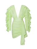 2022 New Yellow Green Women Butterfly Sleeve Sexy Deep V-Neck Bodycon Mini Dress Fashion Nightclub Party Dress