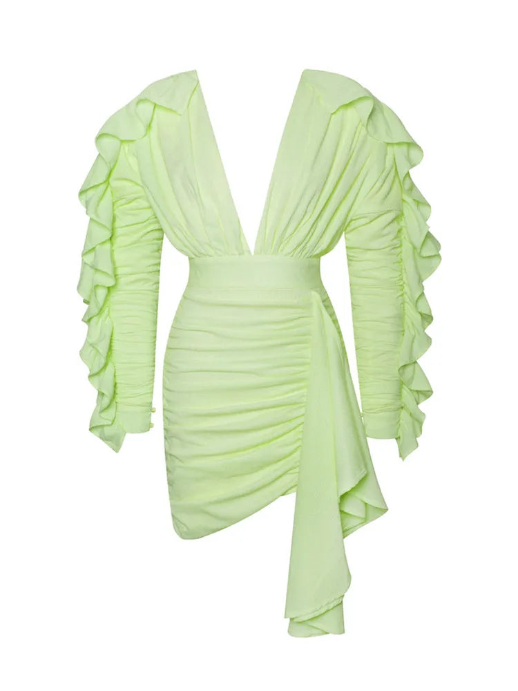 2022 New Yellow Green Women Butterfly Sleeve Sexy Deep V-Neck Bodycon Mini Dress Fashion Nightclub Party Dress