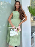 2024 Listing Elegant Striped Knit Dress Women O-neck Sleeveless A-line Dresses Club Evening Party Midi Vestido