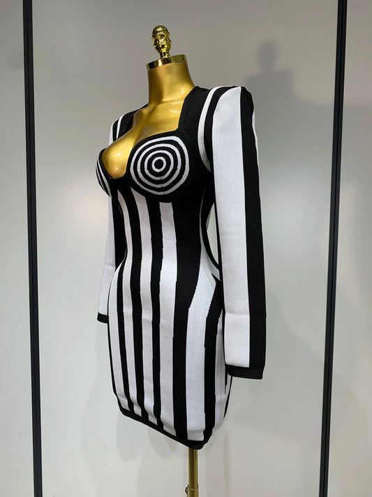 WomenLuxury Sexy Long Sleeve Stripe Black White Mini Bandage Dress Knitted Celebrity Elegant Evening Club Birthday Dresses