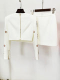 2024 Elegant Women's Light Luxury Nail Bead Short Skirt Set O-neck Long Sleeve Ultra Short Top+Mini Skirt Two piece Set