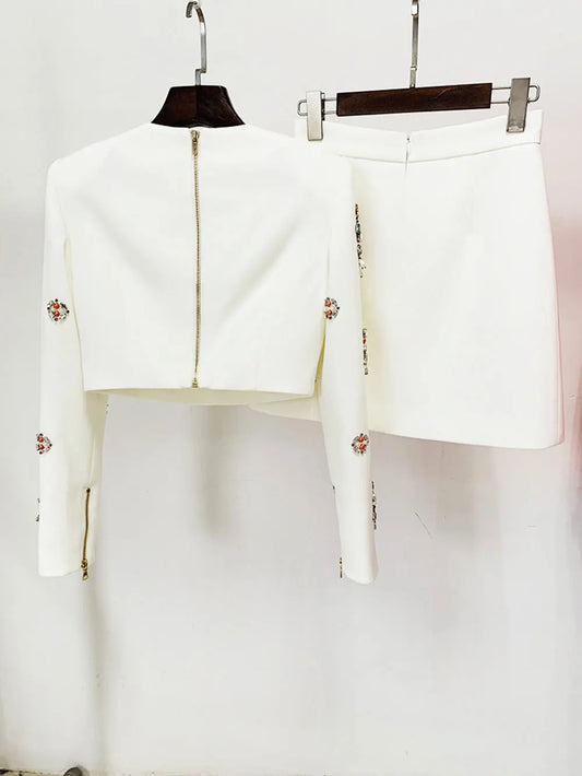 2024 Elegant Women's Light Luxury Nail Bead Short Skirt Set O-neck Long Sleeve Ultra Short Top+Mini Skirt Two piece Set