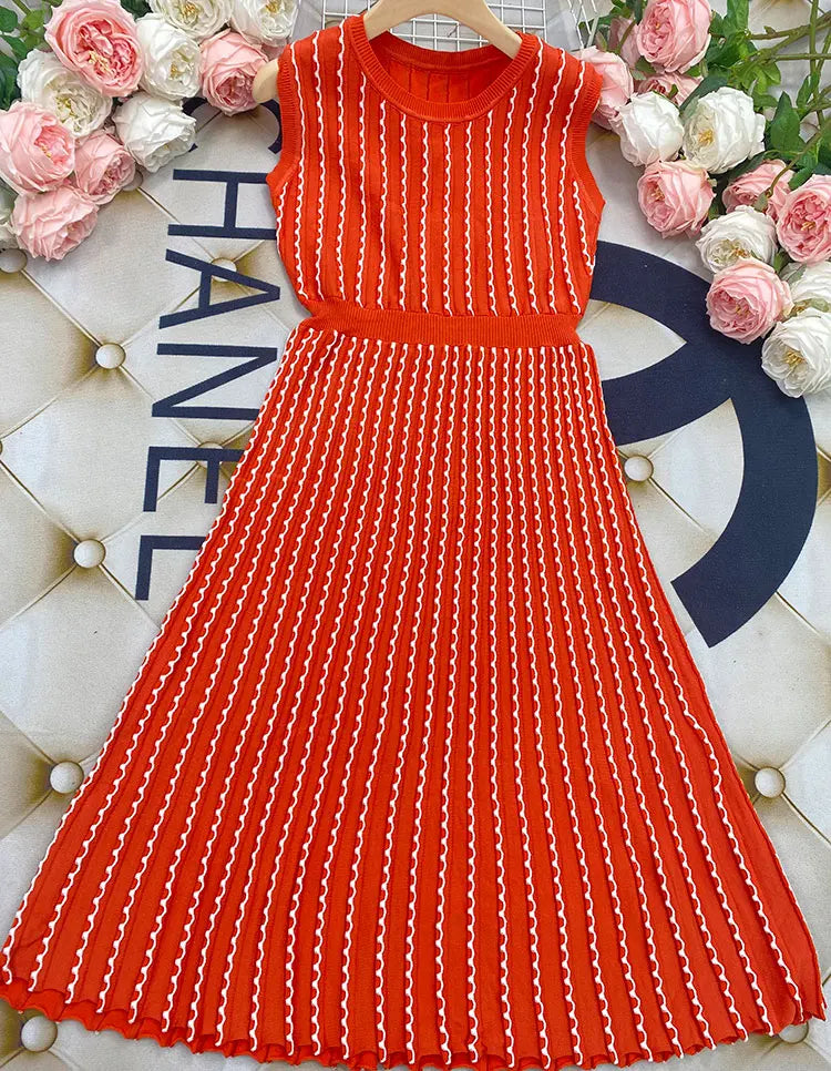 2024 Listing Elegant Striped Knit Dress Women O-neck Sleeveless A-line Dresses Club Evening Party Midi Vestido as photo