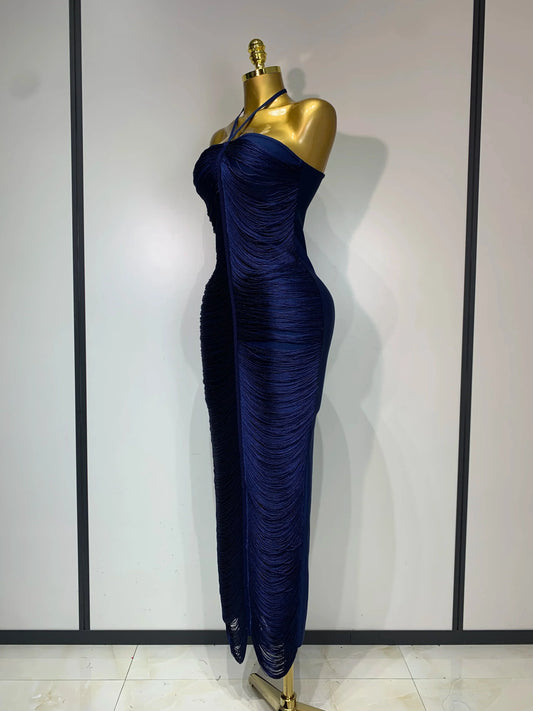 Women's Fashion Tassel Split Hanging Neck Bodycon Dress Elegant Celebrity Evening Party Luxuru Birthday Wedding Guest Dress