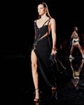 2023 Autumn Golden Clip Hollow Out One Shoulder High Split Long Dress Fashion Woman Evening Party Dress Cocktail Party Vestido