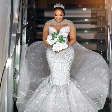 Luxury African Mermaid Wedding Dress 2026 O-neck Illusion Long Sleeves Beads Bridal Bride Grown Arabic Vestidos De Noiva