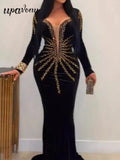 2024 Elegant Women's Light Luxury Hot Diamond Bandage Dress V-neck Long Sleeve Bodycon Long Dress Cocktail Evening Party Vestido