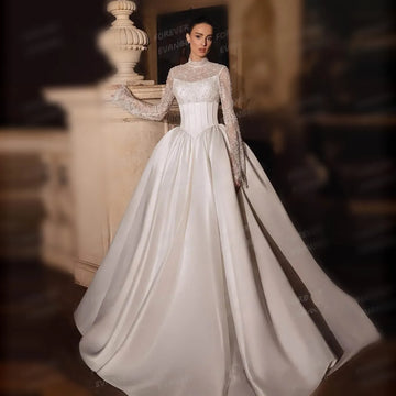Luxury High Neck Wedding Dresses Woman's A Line Lace Appliques Beads Long Sleeve Pleat Satin Bride Gowns Vestido De Novia