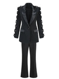 2024 Women Suit Pants Set with Collar, Long Sleeve, Three Dimensional Flower Decoration, Slim Fit Suit Coat+Two Piece Pants Set