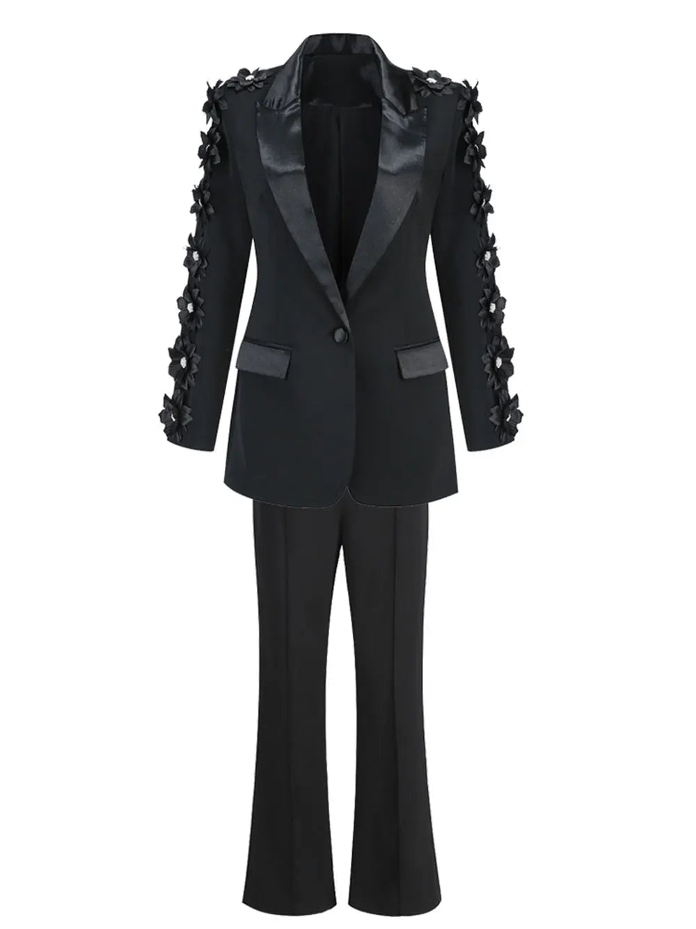 2024 Women Suit Pants Set with Collar, Long Sleeve, Three Dimensional Flower Decoration, Slim Fit Suit Coat+Two Piece Pants Set