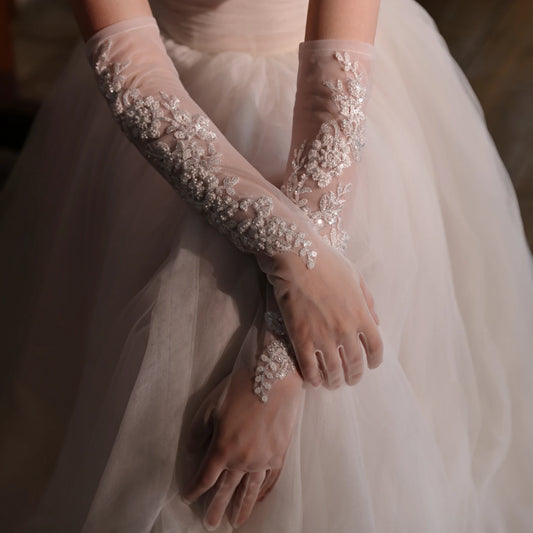 WG215 Long Heavyweight Wedding Gloves White Lace Beaded Bride Wedding Dress Evening Party Accessory