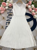 2024 Listing Elegant Striped Knit Dress Women O-neck Sleeveless A-line Dresses Club Evening Party Midi Vestido WHITE