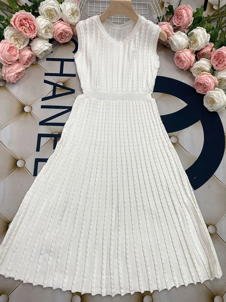 2024 Listing Elegant Striped Knit Dress Women O-neck Sleeveless A-line Dresses Club Evening Party Midi Vestido WHITE