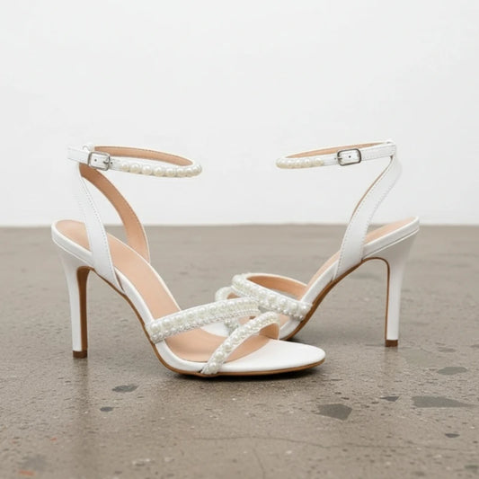 Women’s Pearl Ankle Strap Gladiator Sandals Sexy White High Heel Wedding Shoes Open Toe Evening Prom Banquet Party Pumps