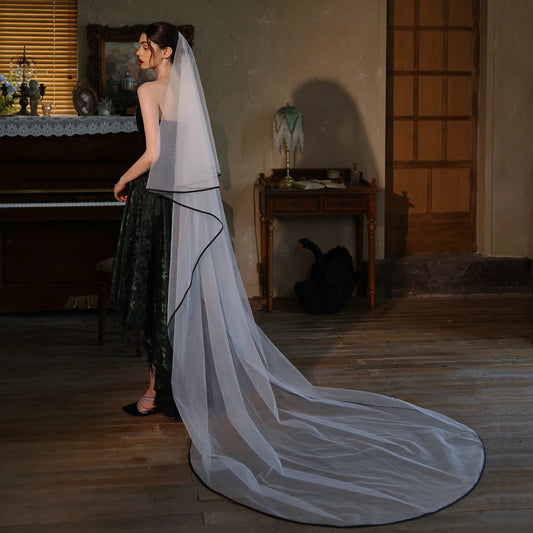 V533 French Edge Black Bridal Veil Long Tail Outdoor Travel Photography Face Covering Wedding Dress Accessory for Marriage