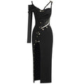 2023 Autumn Golden Clip Hollow Out One Shoulder High Split Long Dress Fashion Woman Evening Party Dress Cocktail Party Vestido black