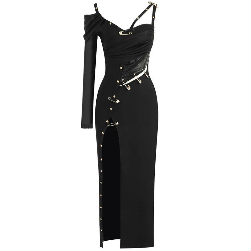 2023 Autumn Golden Clip Hollow Out One Shoulder High Split Long Dress Fashion Woman Evening Party Dress Cocktail Party Vestido black