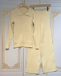 2024 Fashion Slim Knit Pants Set Lapel Flare Long Sleeve Single Breasted Cardigan Sweater & Trousers Two-Piece Set apricot