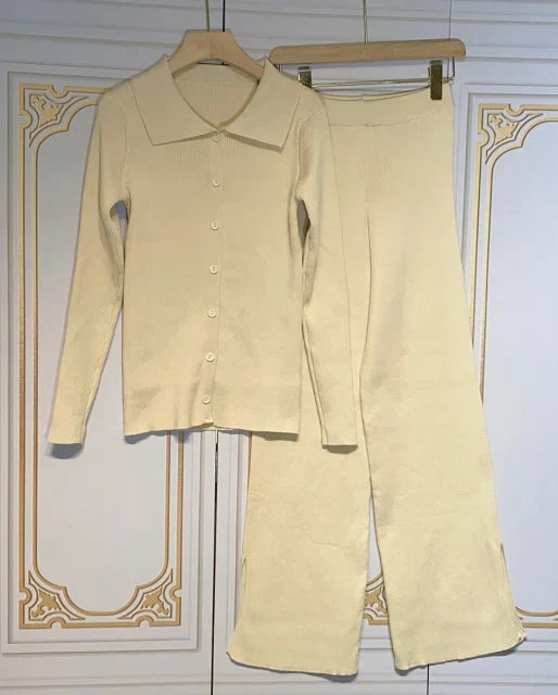2024 Fashion Slim Knit Pants Set Lapel Flare Long Sleeve Single Breasted Cardigan Sweater & Trousers Two-Piece Set apricot