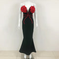 2024 New Fashion Red Florals Women Sexy Strapless Off the Shoulder Bodycon Bandage Long Dress Nightclub Party Celebrate Dress