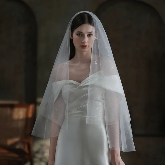 V852 Exquisite Wedding Bridal White Headdress Veil Plain Tulle Two-Layer Shiny Sequins Fingertip Handmade Brides Veil
