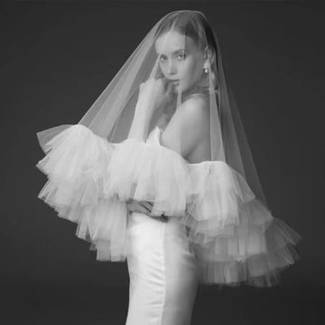 LA017 Elegant Bridal Veil Soft Tulle Ruffled Edge Covering Face White Brides Handmade Headdress Veil for Wedding Dress