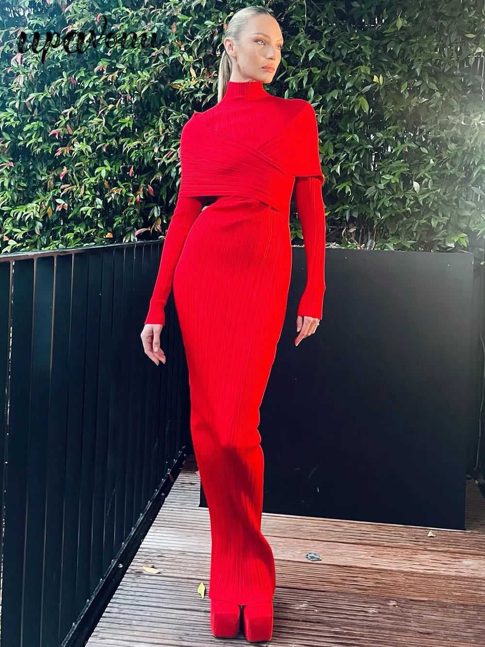 2024 Elegant Women Christmas Bandage Dress Stand Collar Patchwork Long Sleeve Bodycon Long Dress Cocktail Evening Party Vestidos