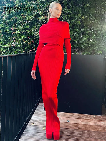 2024 Elegant Women Christmas Bandage Dress Stand Collar Patchwork Long Sleeve Bodycon Long Dress Cocktail Evening Party Vestidos