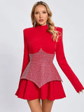 2024 Elegant Women'S Christmas Dress Pleated Mini Dress Stand Collar Long Sleeved Rhinestone Design Dress Cocktail Party Vestido