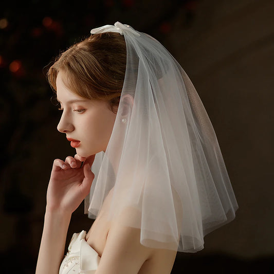 V740 Wedding Bridal Short Veil Two-Layer Tulle Satin Bow White Shoulder Handmade Brides to Be Women Headdress Veil
