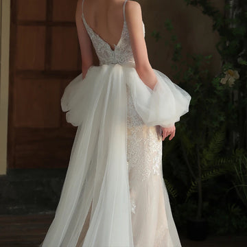 V396 French Simple White Butterfly Tail Wedding Dress Evening Gown Strapless Bridal Shawl Accessory Pin Fixed