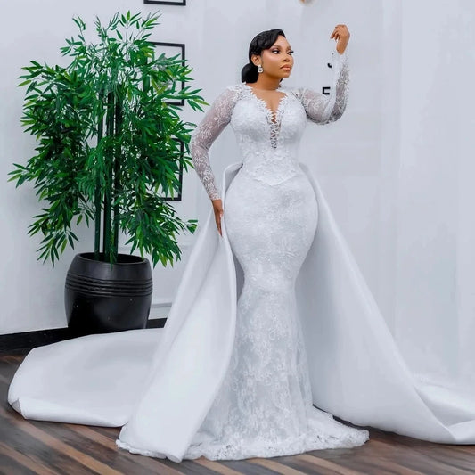 African Lace Mermaid Wedding Dress 2026 Removable Skirt Sheer O-neck Long Sleeves Beads Bridal Bride Grown Vestidos De Noiva