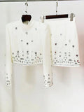2024 Heavy Industry Nail Bead Inlaid Diamond Short Skirt Set O-neck Long Sleeve Slim Fit Short Top+Nail Bead Skirt Two Piece Set WHITE