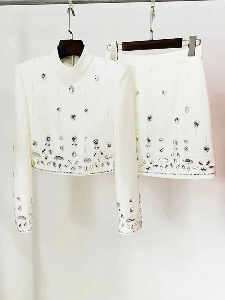 2024 Heavy Industry Nail Bead Inlaid Diamond Short Skirt Set O-neck Long Sleeve Slim Fit Short Top+Nail Bead Skirt Two Piece Set WHITE