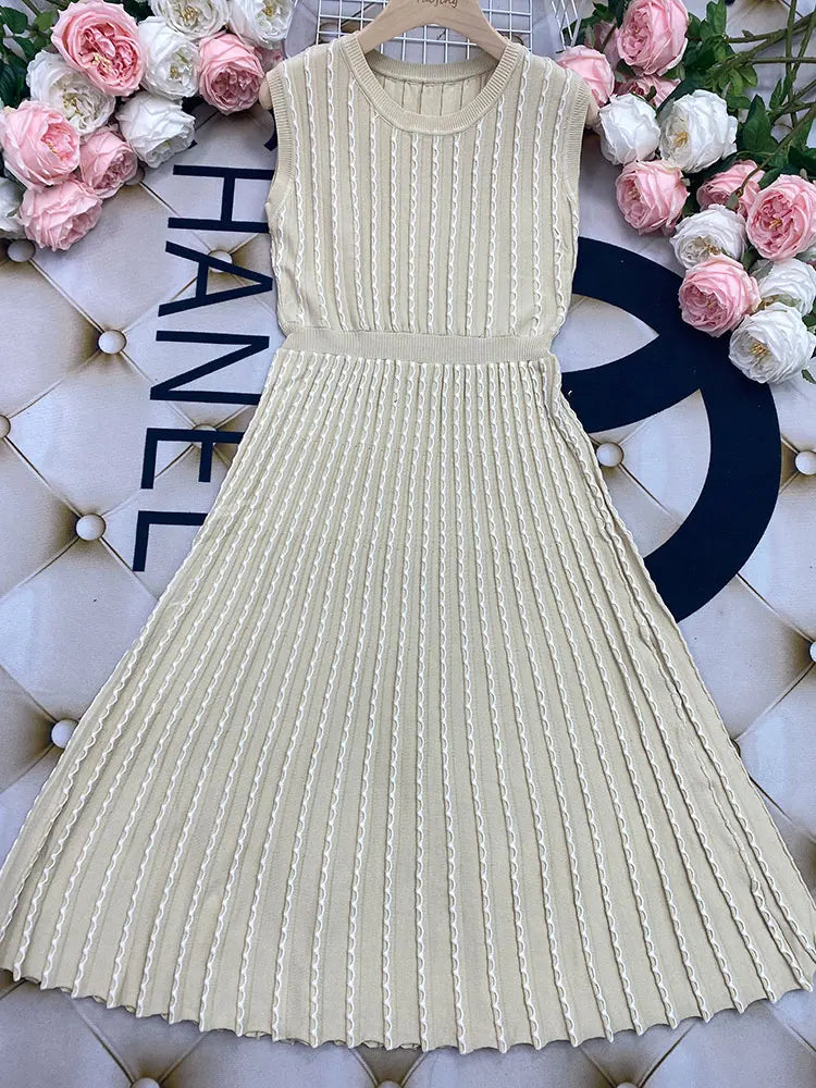 2024 Listing Elegant Striped Knit Dress Women O-neck Sleeveless A-line Dresses Club Evening Party Midi Vestido apricot