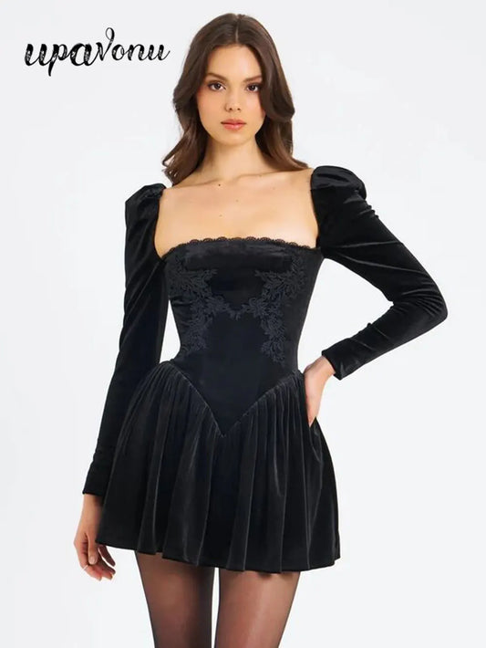 2024 Sexy Women's Christmas Dress Lace Square Collar Bubble Long Sleeve Slimming Bareback Drawstring pleated Mini Dress Vestidos