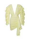 2022 New Yellow Green Women Butterfly Sleeve Sexy Deep V-Neck Bodycon Mini Dress Fashion Nightclub Party Dress Light Yellow