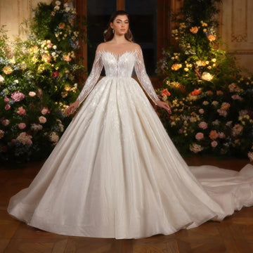 Luxury Beaded Sequined Wedding Dresses Sheer O-neck Long Illusion Sleeves Bride Dress Bridal Gowns Dubai Vestido De Noiva