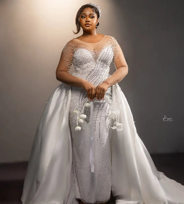 New Mermaid Wedding Dress O-neck Illusion Long Sleeves Pearls Detachable Train Bridal Bride Grown African Vestidos De Noiva