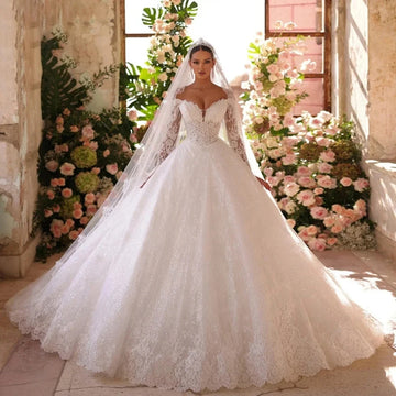 Vintage Wedding Dresses Off Shoulder Lace Appliques Long Sleeves Sequins Bride Dress Bridal Gowns  Vestido De Novia