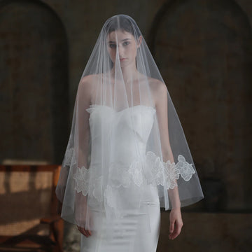 V855 Elegant Wedding Bridal White Lace Veil One-Layer Tulle Appliqued Brides Covering Face Headdress Veil