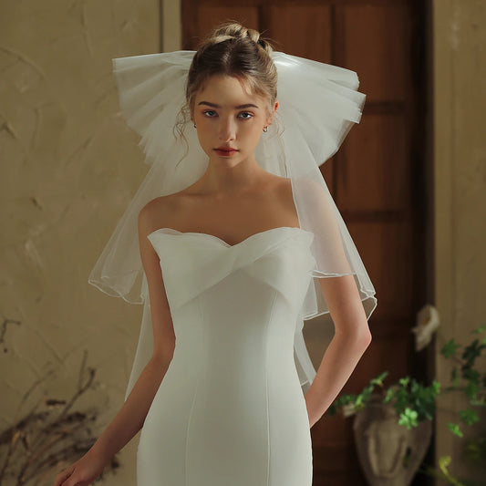 V381 Large Bow Bridal Veil Super Elegant Double Layer Stitched Wedding Dress Photo Props Headwear Comb Style