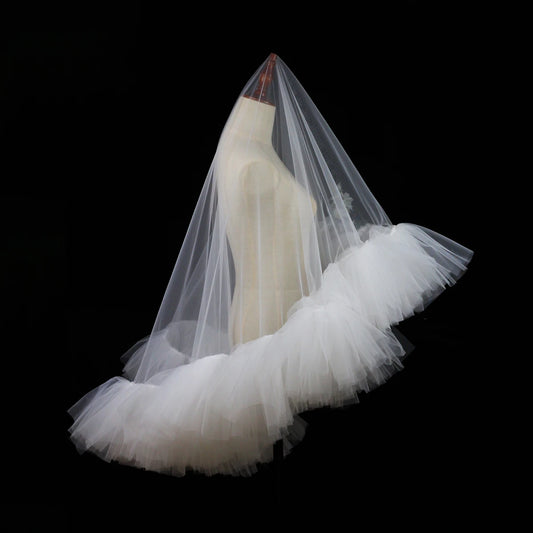 LA017 Elegant Bridal Veil Soft Tulle Ruffled Edge Covering Face White Brides Handmade Headdress Veil for Wedding Dress